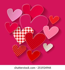 hearts colorful polka dots and grid pattern in the middle on pink background