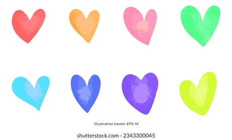 Hearts colorful watercolor hand drawn isolated on white background, illustration Vector EPS 10