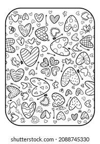 Hearts coloring book page. Valentines day coloring illustration.