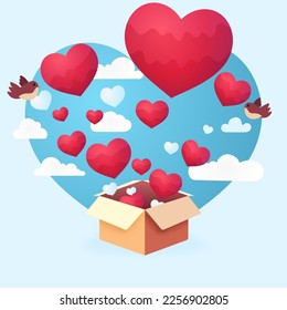 Hearts Coming Out of Cardboard Box With Flying Birds On Clouds Background. Valentine's Day Concept.