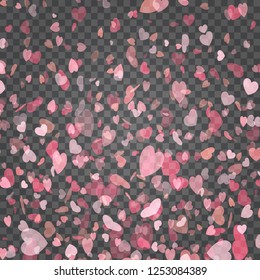 Hearts Confetti Bokeh Lights Isolated on Transparent Background. Easy replace backdrop. Vector Design element.