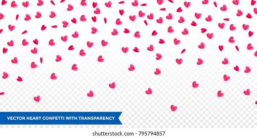 Hearts confetti pattern background for Valentines Day or wedding and birthday greeting card design template. Vector pink red heart petal confetti falling down on transparent background