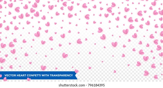 Hearts confetti pattern on transparent background for Valentines Day or wedding and birthday greeting card design template. Vector pink red heart petal confetti falling down