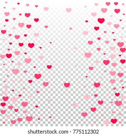 Hearts Confetti Random Falling Background. St. Valentine's Day pattern.  Romantic Hearts Texture. Love.Vector Illustration.Cute Element of Design for Cards, Banners, Posters, Weddings, Anniversary.