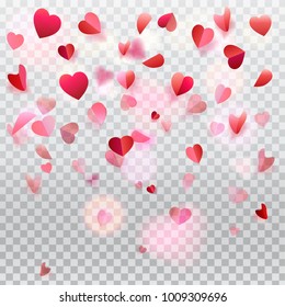 Hearts confetti and rose petals, flying. abstract transparent bokeh lights background. Happy Valentines Day greeting card, vector illustration, template