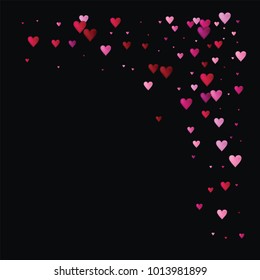 Hearts Confetti Vector Background. Valentine Romantic Trend Pattern Design. Romance Frame Falling or Flying Red and Pink Hearts Confetti on Black. Square Cool Valentine, Birthday, Love Showering Card.