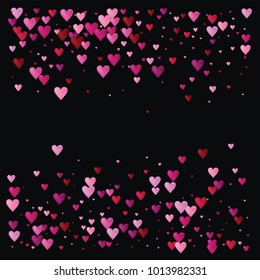Hearts Confetti Vector Background. Valentine Banner Romantic Frame Design. Abstract Frame Falling or Flying Red Pink Hearts Confetti on Black. Square Cool Valentine, Birthday, Love Showering Card.