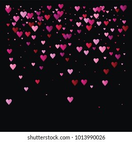 Hearts Confetti Vector Background. Valentine Romantic Trend Pattern Design. Romance Frame Falling or Flying Red and Pink Hearts Confetti on Black. Square Cool Valentine, Birthday, Love Showering Card.