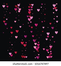 Hearts Confetti Vector Background. Valentine Banner Romantic Border Design. Romance Frame Falling or Flying Red and Pink Hearts Confetti on Black. Square Valentine, Birthday, Love Showering Petals.