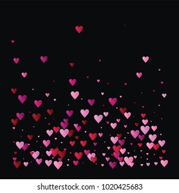Hearts Confetti Vector Background. Valentine Romantic Trend Pattern Design. Romance Frame Falling or Flying Red and Pink Hearts Confetti on Black. Square Cool Valentine, Birthday, Love Showering Card.
