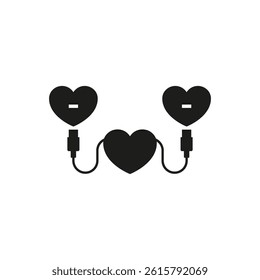 Hearts connected by wire, cord and USB cable. Vector illustration on white background.
