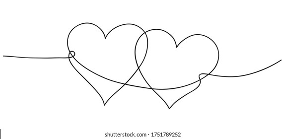 Hearts. Continuous line art drawing. Friendship concept. Best friend forever. Black and white vector illustration