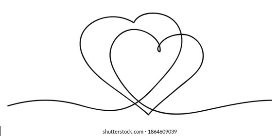 Hearts. Continuous line art drawing. Friendship and love concept. Best friend forever. Black and white vector illustration