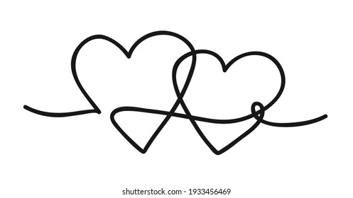 Hearts. Continuous line art drawing. Friendship and love concept. Best friend forever. Black and white vector illustration