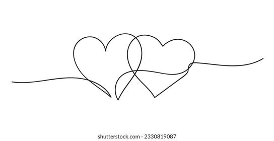 Hearts. Continuous line art drawing. Friendship and love concept. Best friend forever. Black and white vector illustration