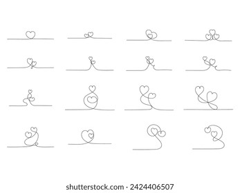 Hearts continuous one line art drawing, valentines day concept, heart love couple outline artistic isolated vector illustration.