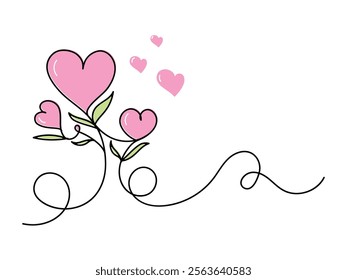 Hearts continuous one line art drawing, valentines day concept, heart love couple outline artistic isolated vector illustration.