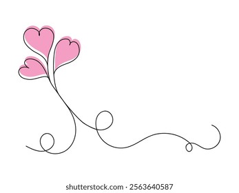 Hearts continuous one line art drawing, valentines day concept, heart love couple outline artistic isolated vector illustration.