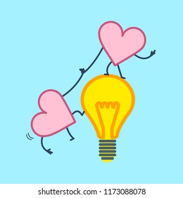 Hearts cooperation and teamwork. Vector concept illustration heart helps to climb on idea bulb | flat design linear infographic icon on blue background