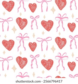 Hearts and coquette bow crayon drawn seamless pattern. Valentines day repeat background. Love and bowknots ribbon symbols endless backdrop. Romantic and girly date motif. Vector hand drawn cover.