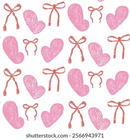 Hearts and coquette bow crayon drawn seamless pattern. Valentines day repeat background. Love and bowknots ribbon symbols endless backdrop. Romantic and girly date motif. Vector hand drawn cover.