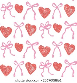 Hearts and coquette bow crayon drawn seamless pattern. Valentines day repeat background. Love and bowknots ribbon symbols endless backdrop. Romantic and girly date motif. Vector hand drawn cover.