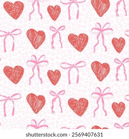 Hearts and coquette bow crayon drawn seamless pattern. Valentines day repeat background. Love and bowknots ribbon symbols endless backdrop. Romantic and girly date motif. Vector hand drawn cover.