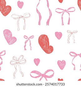 Hearts and coquette bow crayon drawn seamless pattern. Valentines day repeat background. Love and bowknots ribbon symbols endless backdrop. Romantic and girly date motif. Vector hand drawn cover.