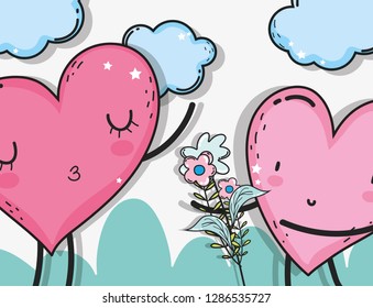 hearts couple with clouds and flowers plants