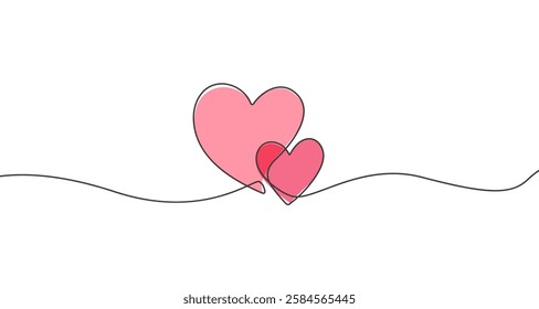 Hearts Couple Continuous One Line Drawing. Two Hearts Line Art Concept for Valentine`s Day Design. Abstract Minimalist Vector Illustration. Wedding and Love Concept in Minimalistic Style