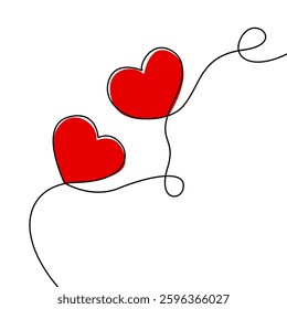 Hearts Couple Continuous One Line Drawing. Two Hearts Line Art Concept for Valentine`s Day Design. Abstract Minimalist Vector Illustration. Wedding and Love Concept in Minimalistic Style. Not AI