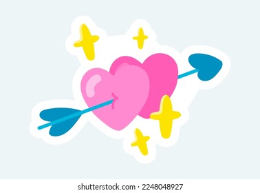 Hearts couple pierced by Cupid arrow. Love and romantic. Vector illustration in cartoon sticker design