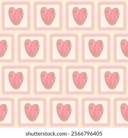Hearts crayon drawn on square frame seamless pattern. Valentines day. Love symbols endless backdrop. Surface pattern design romantic date motif. Vector hand drawn illustration.