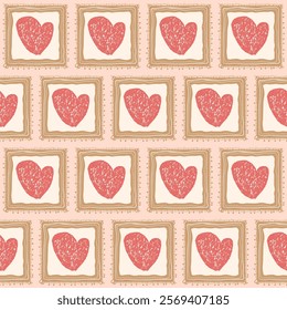 Hearts crayon drawn on square frame seamless pattern. Valentines day retro doodle rectangle borders repeat background. Surface pattern design romantic date motif. Vector hand drawn illustration.