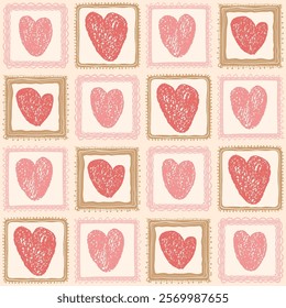 Hearts crayon drawn on square frame seamless pattern. Valentines day retro doodle rectangle borders repeat background. Love symbols endless backdrop. Vector hand drawn illustration.