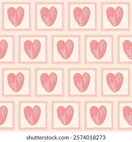 Hearts crayon drawn on square frame seamless pattern. Valentines day retro doodle rectangle borders repeat background. Vector hand drawn illustration.