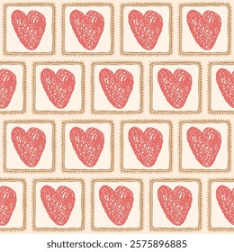 Hearts crayon drawn on square frame seamless pattern. Valentines day retro doodle rectangle borders repeat background. Love symbols endless backdrop. Vector hand drawn illustration.