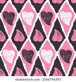 Hearts crayon drawn seamless pattern on rhombus doodle frames. Valentines day repeat background. Love symbols endless backdrop. Surface pattern design romantic date motif. Vector hand drawn cover.