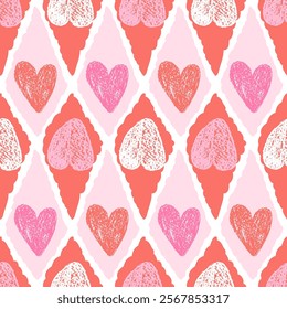 Hearts crayon drawn seamless pattern on rhombus doodle frames. Valentines day repeat background. Love symbols endless backdrop. Surface pattern design romantic date motif. Vector hand drawn cover.