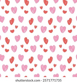 Hearts crayon drawn seamless pattern. Valentines day repeat background painting by pastel. Love symbols endless backdrop. Surface pattern design romantic date motif. Vector hand drawn illustration.