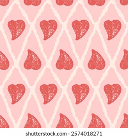 Hearts crayon drawn seamless pattern on rhombus doodle frames. Valentines day repeat background. Love symbols endless backdrop. Surface pattern design romantic date motif. Vector hand drawn cover.