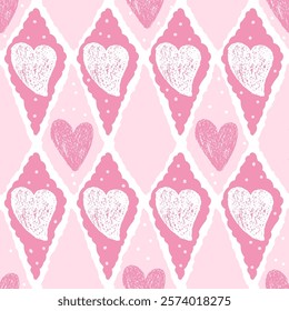 Hearts crayon drawn seamless pattern on rhombus doodle frames. Valentines day repeat background. Love symbols endless backdrop. Surface pattern design romantic date motif. Vector hand drawn cover.