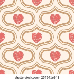 Hearts crayon drawn seamless pattern. Valentines day ogee repeat background. Love symbols endless backdrop. Surface pattern design romantic date motif. Vector hand drawn illustration.