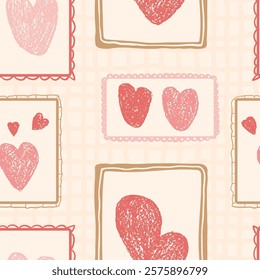 Hearts crayon drawn seamless pattern. Valentines day rectangular frames with love symbols repeat background. Vintage farmhouse backdrop. Romantic date motif. Vector hand drawn illustration.