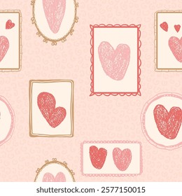 Hearts crayon drawn seamless pattern. Valentines day rectangular and round frames with love symbols repeat background. Vintage farmhouse backdrop. Romantic date motif. Vector hand drawn illustration.