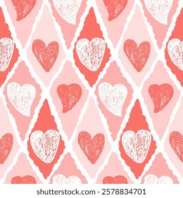 Hearts crayon drawn seamless pattern on rhombus doodle frames. Valentines day repeat background. Love symbols endless backdrop. Surface pattern design romantic date motif. Vector hand drawn cover.