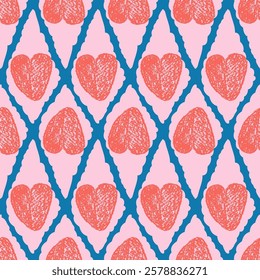 Hearts crayon drawn seamless pattern on rhombus doodle frames. Valentines day repeat background. Love symbols endless backdrop. Surface pattern design romantic date motif. Vector hand drawn cover.