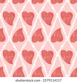 Hearts crayon drawn seamless pattern on rhombus doodle frames. Valentines day repeat background. Love symbols endless backdrop. Surface pattern design romantic date motif. Vector hand drawn cover.