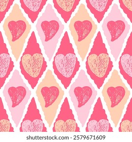 Hearts crayon drawn seamless pattern on rhombus doodle frames. Valentines day repeat background. Love symbols endless backdrop. Surface pattern design romantic date motif. Vector hand drawn cover.