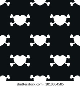 Corazones y cruces de huesos sin fisuras. Silueta de corazón blanco sobre fondo negro. Resumen de ilustración vectorial plana.